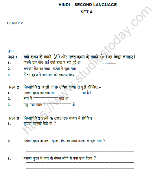 cbse class 5 hindi worksheet set a solved